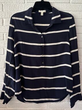 J. Crew Shirt Women Small Blue White Striped Silk Button Up Long Sleeve Blouse 6